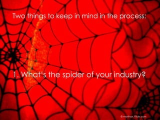© marthax, Flickr.com
1. What‘s the spider of your industry?
Two things to keep in mind in the process:
 