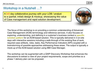© 2011 IBM Corporation
IBM Case Manager
5
Workshop in a Nutshell …?
A 3-5 day collaborative journey with your LOB / analyst
to a (partial, initial) design & mockup, showcasing the value
of Case management and rapid solution development.
The focus of this workshop is on providing a common understanding of Advanced
Case Management (ACM) terminology and reference services. It also focuses on
exploring, understanding, and defining in a customer‟s business context a specific
solution pattern for an ACM-based solution. This is typically delivered in 3 on-site
days with interactive sessions including a walk-through of the existing flow of work,
required case artifacts, roles, tasks, Key Performance Indicators (KPI) coupled with a
brainstorming of possible approaches addressing these areas. The output is typically a
mock-up of the ACM-based solution using IBM Case Manager.
The workshop can be augmented with a QWP Discovery Workshop that enhances the
discussions to extract a view of your project requirements, scope and priorities so a
phase 1 delivery plan can be proposed.
 
