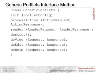 Generic Porltlets Interface Method
Class GenericPortlets {
init (PortletConfig);
processAction (ActionRequest,
ActionResponse);
render (RenderRequest, RenderResponse);
destroy();
doView (Request, Response);
doEdit (Reuqest, Response);
doHelp (Request, Response);
}

Riccardo Rotondo
Tutorial on Science Gateways, Roma, 04.06.2013

 
