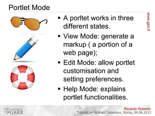 Portlet Mode
 A porltet works in three
different states.
 View Mode: generate a
markup ( a portion of a
web page);
 Edit Mode: allow portlet
customisation and
setting preferences.
 Help Mode: explains
portlet functionalities.
Riccardo Rotondo
Tutorial on Science Gateways, Roma, 04.06.2013

 