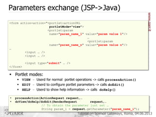 Parameters exchange (JSP->Java)
<form action=action="<portlet:actionURL
portletMode="view">
<portlet:param
name="param_name_1" value="param value 1"/>
…
<portlet:param
name="param_name_n" value="param value n"/>
…
<input … />
<input … />
<input type="submit" … />
</form>

 Portlet modes:
 VIEW – Userd for normal portlet operations -> calls processAction()
 EDIT – Userd to configure portlet parameters -> calls doEdit()
 HELP – Userd to show help information -> calls doHelp()
•
•

processAction(ActionRequest request,…
doView/doHelp/doEdit(RenderRequest
request,…
// To obtain the parameter just set …
String param_i = request.getParameter("param_name_i");

Tutorial on Science Gateways, Roma, 04.06.2013

 