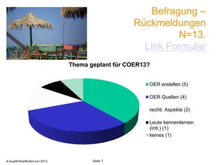 Befragung –
Rückmeldungen
N=13.
Link Formular
A.Guettl-Strahlhofer/Junil 2013 7
Seite 7A.Guettl-Strahlhofer/Juni 2013
Quelle sxc.hu/mimikos
Thema geplant für COER13?
OER erstellen (5)
OER Quellen (4)
rechtl. Aspekte (2)
Leute kennenlernen
(Intl.) (1)
keines (1)
 