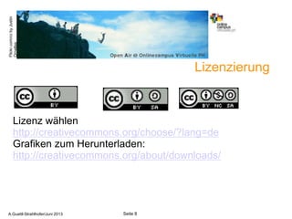 A.Guettl-Strahlhofer/Junil 2013 8
Seite 8A.Guettl-Strahlhofer/Juni 2013
Lizenzierung
Lizenz wählen
http://creativecommons.org/choose/?lang=de
Grafiken zum Herunterladen:
http://creativecommons.org/about/downloads/
Flickr.com/ccbyJustin
Ornellas
 
