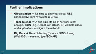 •  Globalization ⇒ It’s time to engineer global R&E
connectivity: from NRENs to a GREN
•  Team science ⇒ A one-size-fits-all IP network is not
enough. SDN (e.g., OpenFlow, OSCARS) will help users
and applications configure the network
•  Big Data ⇒ Re-architecting (Science DMZ), tuning
(Web10G), measuring (perfSONAR)
[ 13 ]
Further implications
 