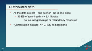 •  All the data are not – and cannot – be in one place
–  10 EB of spinning disk ≈ 2.4 Gwatts
not counting backups or redundancy measures"
•  “Computation in place” => GREN as backplane
[ 16 ]
Distributed data
 