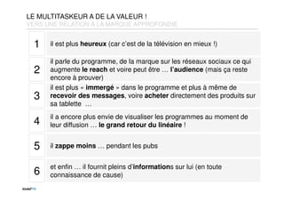 1 il est plus heureux (car c’est de la télévision en mieux !)
2
il parle du programme, de la marque sur les réseaux sociaux ce qui
augmente le reach et voire peut être … l’audience (mais ça reste
encore à prouver)
3
il est plus « immergé » dans le programme et plus à même de
recevoir des messages, voire acheter directement des produits sur
sa tablette …
4
il a encore plus envie de visualiser les programmes au moment de
leur diffusion … le grand retour du linéaire !
5 il zappe moins … pendant les pubs
6
et enfin … il fournit pleins d’informations sur lui (en toute
connaissance de cause)
LE MULTITASKEUR A DE LA VALEUR !
VERS UNE RELATION À LA MARQUE APPROFONDIE
 