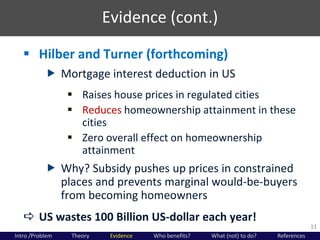 Evidence (cont.)
11
 Hilber and Turner (forthcoming)
 Mortgage interest deduction in US
 Raises house prices in regulat...