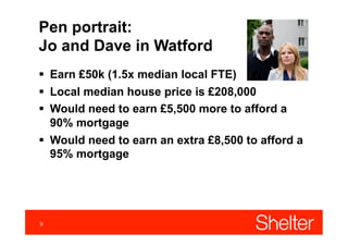 9
Pen portrait:
Jo and Dave in Watford
!  Earn £50k (1.5x median local FTE)
!  Local median house price is £208,000
!  Wou...