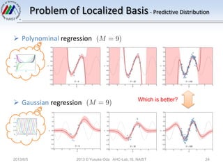 Problem of Localized Basis- Predictive Distribution
 Polynominal regression
 Gaussian regression
2013/6/5 2013 © Yusuke Oda AHC-Lab, IS, NAIST 24
Which is better?
 