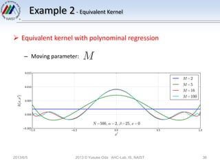 Example 2- Equivalent Kernel
 Equivalent kernel with polynominal regression
– Moving parameter:
2013/6/5 2013 © Yusuke Od...