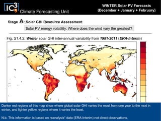 Climate Forecasting Unit
Fig. S1.4.2: Winter solar GHI inter-annual variability from 1981-2011 (ERA-Interim)
m/s
Stage A: Solar GHI Resource Assessment
Solar PV energy volatility: Where does the wind vary the greatest?
Darker red regions of this map show where global solar GHI varies the most from one year to the next in
winter, and lighter yellow regions where it varies the least.
N.b. This information is based on reanalysis* data (ERA-Interim) not direct observations.
WINTER Solar PV Forecasts
(December + January + February)
 