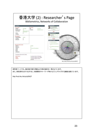 23
研究者ページでも、論文数や被引用数など外部の統計を一覧させています。
また、研究者同士のつながりを、共著関係やキーワード等からビジュアライズする機能も備えています。
http://hub.hku.hk/rp/rp00427
 