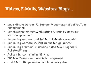• Jede Minute werden 72 Stunden Videomaterial bei YouTube
hochgeladen
• Jeden Monat werden 4 Milliarden Stunden Videos auf
YouTube geschaut
• Jeden Tag werden rund 145 Mrd. E-Mails versendet
• Jeden Tag werden 822,240 Webseiten gelauncht
• Jeden Tag erscheint rund eine halbe Mio. Blogposts.
Auf WordPress.
• Auf tumblr.com sind es 40 Mio.
• 500 Mio. Tweets werden täglich abgesetzt.
• Und 4 Mrd. Dinge werden auf facebook geteilt.
Videos, E-Mails, Websites, Blogs…
 