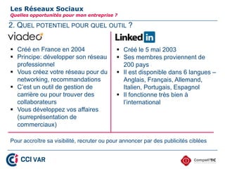 2. QUEL POTENTIEL POUR QUEL OUTIL ?
Les Réseaux Sociaux
Quelles opportunités pour mon entreprise ?
 Créé en France en 2004
 Principe: développer son réseau
professionnel
 Vous créez votre réseau pour du
networking, recommandations
 C’est un outil de gestion de
carrière ou pour trouver des
collaborateurs
 Vous développez vos affaires
(surreprésentation de
commerciaux)
 Créé le 5 mai 2003
 Ses membres proviennent de
200 pays
 Il est disponible dans 6 langues –
Anglais, Français, Allemand,
Italien, Portugais, Espagnol
 Il fonctionne très bien à
l’international
Pour accroître sa visibilité, recruter ou pour annoncer par des publicités ciblées
19
 
