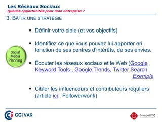 3. BÂTIR UNE STRATÉGIE
Les Réseaux Sociaux
Quelles opportunités pour mon entreprise ?
 Définir votre cible (et vos objectifs)
 Identifiez ce que vous pouvez lui apporter en
fonction de ses centres d’intérêts, de ses envies.
 Ecouter les réseaux sociaux et le Web (Google
Keyword Tools , Google Trends, Twitter Search
Exemple
 Cibler les influenceurs et contributeurs réguliers
(article ici : Followerwonk)
23
 