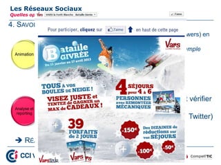 3. BÂTIR UNE STRATÉGIE
Les Réseaux Sociaux
Quelles opportunités pour mon entreprise ?
 Impliquer la communauté d’utilisateurs (fans, followers) en
leur permettant de :
 Jouer (tutoriel jeu concours Facebook), exemple
 Relayer, partager : exemple
 Donner leur avis, participer
Exemple d’implication des utilisateurs
Bonnes pratiques et outils d’animation Facebook
 Mesurer régulièrement votre audience et vérifier
l’impact et l’ efficacité de votre publicité,
(Klout, TwitterAudit, Statistiques Facebook, Twitter)
Comprendre et analyser les statistiques Facebook
 RÉAJUSTER SI BESOIN !
25
 