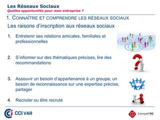 1. CONNAÎTRE ET COMPRENDRE LES RÉSEAUX SOCIAUX
Les Réseaux Sociaux
Quelles opportunités pour mon entreprise ?
La valeur ajoutée des réseaux sociaux
 Toucher une large audience
 Communiquer de manière plus ciblée et donc avec plus de
pertinence
 Contrôler son image en ligne
 Assurer sa veille
 Travailler sa relation publique
 Réaliser des campagnes de communication à moindre coût
7
 