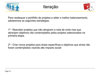 Page 12
Iteração
Para readequar o portifólio de projetos e obter o melhor balanceamento,
adotaremos as seguintes estratégias:
1º - Reavaliar projetos que não atingiram a nota de corte mas que
abranjam objetivos não contemplados pelos projetos selecionados na
primeira etapa.
2º - Criar novos projetos para áreas específicas e objetivos que ainda não
foram contemplados visando alto impacto social
 