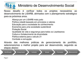 Page 4
Nosso desafio é verificar todos os projetos necessários ao
desenvolvimento de LISARB, alinhados com o planejamento estratégico
para os próximos anos.
Aliança por um LISARB mais justo
Política cidadã baseada em princípios e valores
Educação para a sociedade do conhecimento
Economia para uma sociedade sustentável
Proteção Social
Qualidade de vida e segurança para todos os Lisarbeanos
Cultura e fortalecimento da diversidade
Política externa para o século 21
Combate a corrupção
Através das melhores práticas de gerenciamento de portifólio,
selecionaremos o melhor projeto para ser desenvolvido, seguindo as
etapas abaixo:
Ministério de Desenvolvimento Social
Identificação Categorização Avaliação Seleção Priorização Balanceamento
 