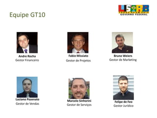 Equipe GT10
Bruno Weiers
Gestor de Marketing
Andre Rocha
Gestor Financeiro
Fabio Missiato
Gestor de Projetos
Felipe de Feo
Gestor Jurídico
Luciano Pozenato
Gestor de Vendas
Marcelo Sinhorini
Gestor de Serviços
 