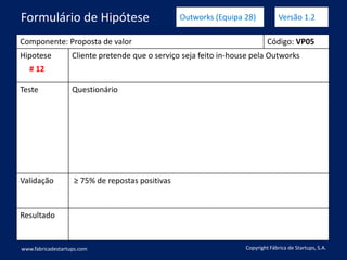 Componente: Proposta de valor Código: VP05
Hipotese Cliente pretende que o serviço seja feito in-house pela Outworks
Teste Questionário
Validação ≥ 75% de repostas positivas
Resultado
www.fabricadestartups.com Copyright Fábrica de Startups, S.A.
Formulário de Hipótese Outworks (Equipa 28) Versão 1.2
# 12
 