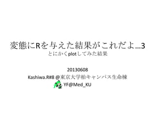 変態にRを与えた結果がこれだよ…3
とにかくplotしてみた結果
20130608
Kashiwa.R#8 @東京大学柏キャンパス生命棟
YF@Med_KU
 