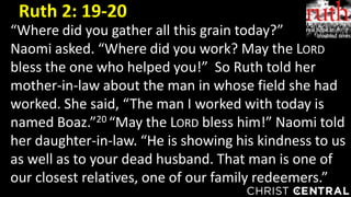 “Where did you gather all this grain today?”
Naomi asked. “Where did you work? May the LORD
bless the one who helped you!” So Ruth told her
mother-in-law about the man in whose field she had
worked. She said, “The man I worked with today is
named Boaz.”20 “May the LORD bless him!” Naomi told
her daughter-in-law. “He is showing his kindness to us
as well as to your dead husband. That man is one of
our closest relatives, one of our family redeemers.”
Ruth 2: 19-20
 