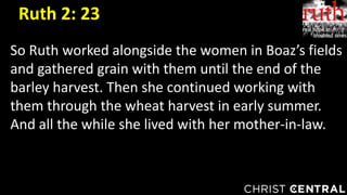 So Ruth worked alongside the women in Boaz’s fields
and gathered grain with them until the end of the
barley harvest. Then she continued working with
them through the wheat harvest in early summer.
And all the while she lived with her mother-in-law.
Ruth 2: 23
 