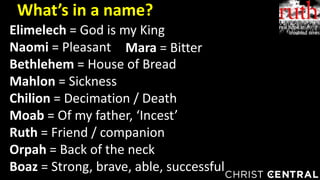 Elimelech = God is my King
Naomi = Pleasant
Bethlehem = House of Bread
Mahlon = Sickness
Chilion = Decimation / Death
Moab = Of my father, ‘Incest’
Ruth = Friend / companion
Orpah = Back of the neck
Boaz = Strong, brave, able, successful
What’s in a name?
Mara = Bitter
 