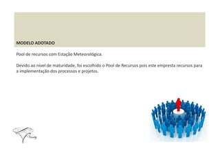 MODELO ADOTADO
Pool de recursos com Estação Meteorológica.
Devido ao nível de maturidade, foi escolhido o Pool de Recursos pois este empresta recursos para
a implementação dos processos e projetos.
 