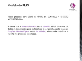Modelo do PMO
Nossa proposta para Lisarb é: TORRE DE CONTROLE + ESTAÇÃO
METEOROLÓGICA.
A ideia é que a Torre de Controle seja o Governo, sendo um banco de
dados de informações para metodologia e compartilhamento e que as
Estações Meteorológicas sejam as cidades, elaborando relatórios e
reporte dos processos executados.
 