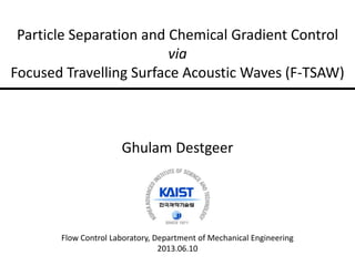Ghulam Destgeer
Particle Separation and Chemical Gradient Control
via
Focused Travelling Surface Acoustic Waves (F-TSAW)
Flow Control Laboratory, Department of Mechanical Engineering
2013.06.10
 