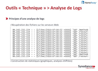 Outils « Technique » > Analyse de Logs
Principes d’une analyse de logs
› Récupération des fichiers sur les serveurs Web
› Lecture des fichiers (parsing) et récupération des informations dispos
› URL /FR-Locations-Vacances/monde/monde_r0.asp
› code HTTP 200
› Referrer http://www.google.com/...
› Date 11/Jun/2013:08:00:30
› User-agent Mozilla/5.0
› Temps de réponse 400
› Taille du fichier 132456
› Etc.
› Catégorisation des résultats (groupes d’URL)
 