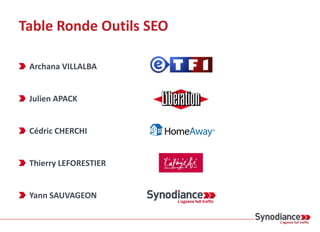 Table Ronde Outils SEO
Archana VILLALBA
Julien APACK
Cédric CHERCHI
Thierry LEFORESTIER
Yann SAUVAGEON
 