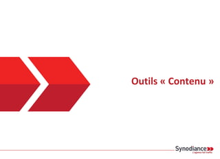 Outils « Technique »
Sites de petite taille
• Sites « Corporate »
• Sites institutionnels
• Sites Vitrine
Sites de taille
importante
• Sites e-commerce
• Sites d’annonces
• Sites d’actualités
Internalisation
Crawler + Analyseur de
Logs
 