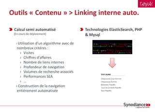 Outils « Contenu » > Linking interne auto.
Linking interne
› Transition outil en cours
› Outil > Andidot, moteur de recherche
interne
› Avec des entités nommées pour
l’extraction et gestion via une base de
données interne
› Suggestion de tags : par analyse
sémantique du contenu en cours de
rédaction pour l’enrichir avec des
métadonnées riches
› Suggestion de liens sémantiques entre
contenus
 