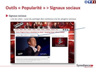 Outils « Popularité » > Signaux sociaux
Signaux sociaux
› via la Communauté : mesure des interactions sociales autour des publications
13M
de
fans
85K
de
fans
3M
de
followers
Enjeux croissants sur
Google+:
 Visibilité sur les SERP
 Author rank
 