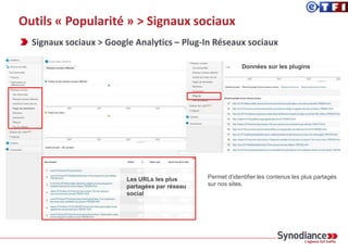 Signaux sociaux
› via les sites : suivi du partage des contenus via les plugins sociaux
Outils « Popularité » > Signaux sociaux
L’analyse des interactions sociales on-site
permet d’identifier les contenus les plus
partagés pour les pousser dans les réseaux
sociaux.
 