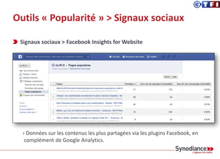 Outils « Popularité » > Signaux sociaux
Signaux sociaux > Facebook Insights for Website
› Données sur les contenus les plus partagées via les plugins Facebook, en
complément de Google Analytics.
 