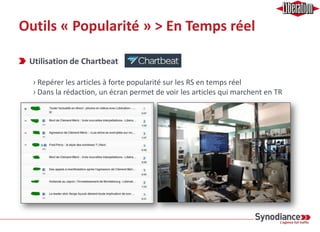Outils « Popularité » > Signaux sociaux
Signaux sociaux > Facebook Insights for Website
› Données sur les contenus les plus partagées via les plugins Facebook, en
complément de Google Analytics.
 