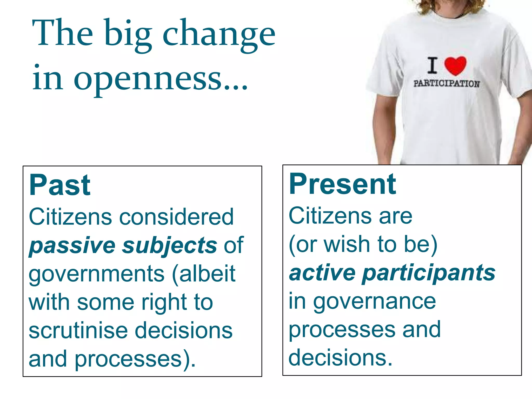 The big change
in openness…
Present
Citizens are
(or wish to be)
active participants
in governance
processes and
decisions.
Past
Citizens considered
passive subjects of
governments (albeit
with some right to
scrutinise decisions
and processes).
 