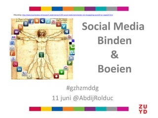 #gzhzmddg
11 juni @AbdijRolduc
Afbeelding: http://www.businessbox.nl/nieuws/1-ondernemen/1355-social-media-beinvloeden-ons-koopgedrag-positief-en-negatief.html
Social Media
Binden
&
Boeien
 