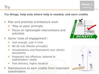 Try
Plan and prioritize architecture work
‘Play or pass’ principle
Focus on lightweight interventions and
activities
Some ‘rules of engagement’:
Just enough, just in time
80-20 rule (Pareto principle)
Visualizations and Powerpoint over (thick)
documents
Pragmatic but effective, tailored to
stakeholders’ needs
Fast delivery, highly iterative
Marketecture to earn credits from important
stakeholders 15
Try things, help only where help is needed, and earn credits
Phase 1
Sowing
 