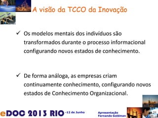 -12 de Junho Apresentação
Fernando Goldman
21
 Os modelos mentais dos indivíduos são
transformados durante o processo informacional
configurando novos estados de conhecimento.
A visão da TCCO da Inovação
 De forma análoga, as empresas criam
continuamente conhecimento, configurando novos
estados de Conhecimento Organizacional.
 