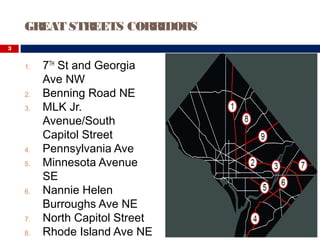 GREAT STREETS CORRIDORS
3
1. 7TH
St and Georgia
Ave NW
2. Benning Road NE
3. MLK Jr.
Avenue/South
Capitol Street
4. Pennsylvania Ave
5. Minnesota Avenue
SE
6. Nannie Helen
Burroughs Ave NE
7. North Capitol Street
8. Rhode Island Ave NE
 