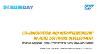 MARTIN GEORG FASSUNGE & TOBIAS HILDENBRAND | SAP AG | 12 JUNE 2013
CO-INNOVATION AND INTRAPRENEURSHIP
IN AGILE SOFTWARE DEVELOPMENT
HOW TO INNOVATE COST-EFFECTIVELY IN LARGE ORGANIZATIONS?
 