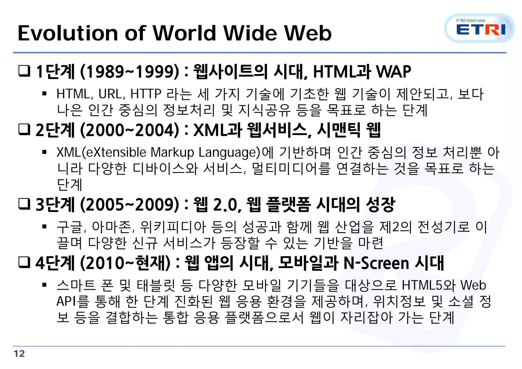 12
Evolution of World Wide Web
 1단계 (1989~1999) : 웹사이트의 시대, HTML과 WAP
 HTML, URL, HTTP 라는 세 가지 기술에 기초한 웹 기술이 제안되고, 보다
나은 인간 중심의 정보처리 및 지식공유 등을 목표로 하는 단계
 2단계 (2000~2004) : XML과 웹서비스, 시맨틱 웹
 XML(eXtensible Markup Language)에 기반하며 인간 중심의 정보 처리뿐 아
니라 다양한 디바이스와 서비스, 멀티미디어를 연결하는 것을 목표로 하는
단계
 3단계 (2005~2009) : 웹 2.0, 웹 플랫폼 시대의 성장
 구글, 아마존, 위키피디아 등의 성공과 함께 웹 산업을 제2의 전성기로 이
끌며 다양한 신규 서비스가 등장할 수 있는 기반을 마련
 4단계 (2010~현재) : 웹 앱의 시대, 모바일과 N-Screen 시대
 스마트 폰 및 태블릿 등 다양한 모바일 기기들을 대상으로 HTML5와 Web
API를 통해 한 단계 진화된 웹 응용 환경을 제공하며, 위치정보 및 소셜 정
보 등을 결합하는 통합 응용 플랫폼으로서 웹이 자리잡아 가는 단계
 