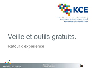 Veille et outils gratuits.
Hourlay, Luc
Chalon, PatriceABD-BVD, 2013-06-19
Retour d'expérience
 