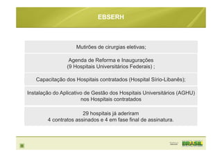 Mutirões de cirurgias eletivas;
EBSERH
Agenda de Reforma e Inaugurações
(9 Hospitais Universitários Federais) ;
Capacitação dos Hospitais contratados (Hospital Sírio-Libanês);
Instalação do Aplicativo de Gestão dos Hospitais Universitários (AGHU)
nos Hospitais contratados
29 hospitais já aderiram
4 contratos assinados e 4 em fase final de assinatura.
 