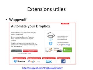 Extensions utiles
• Wappwolf

http://wappwolf.com/dropboxautomator/

 